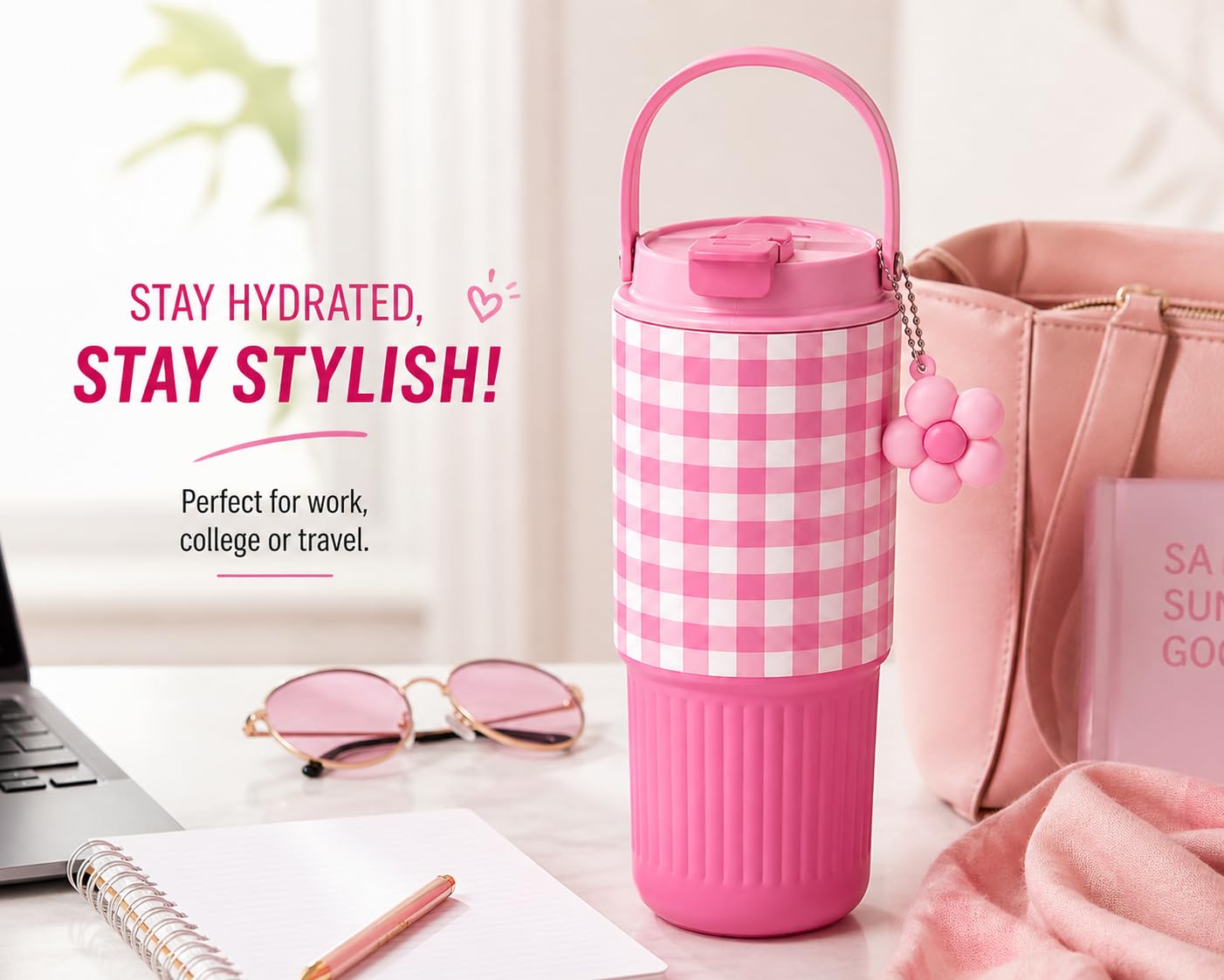 Cute Printed Water Bottle with Straw & Handle