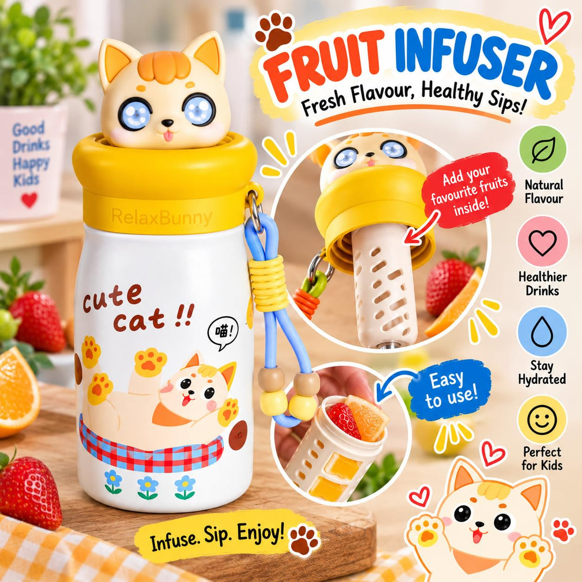 Cute Cartoon Water Bottle for Kids | Attractive Printed Design | Multiple Designs & Colours | Random Colour | Pack of 1