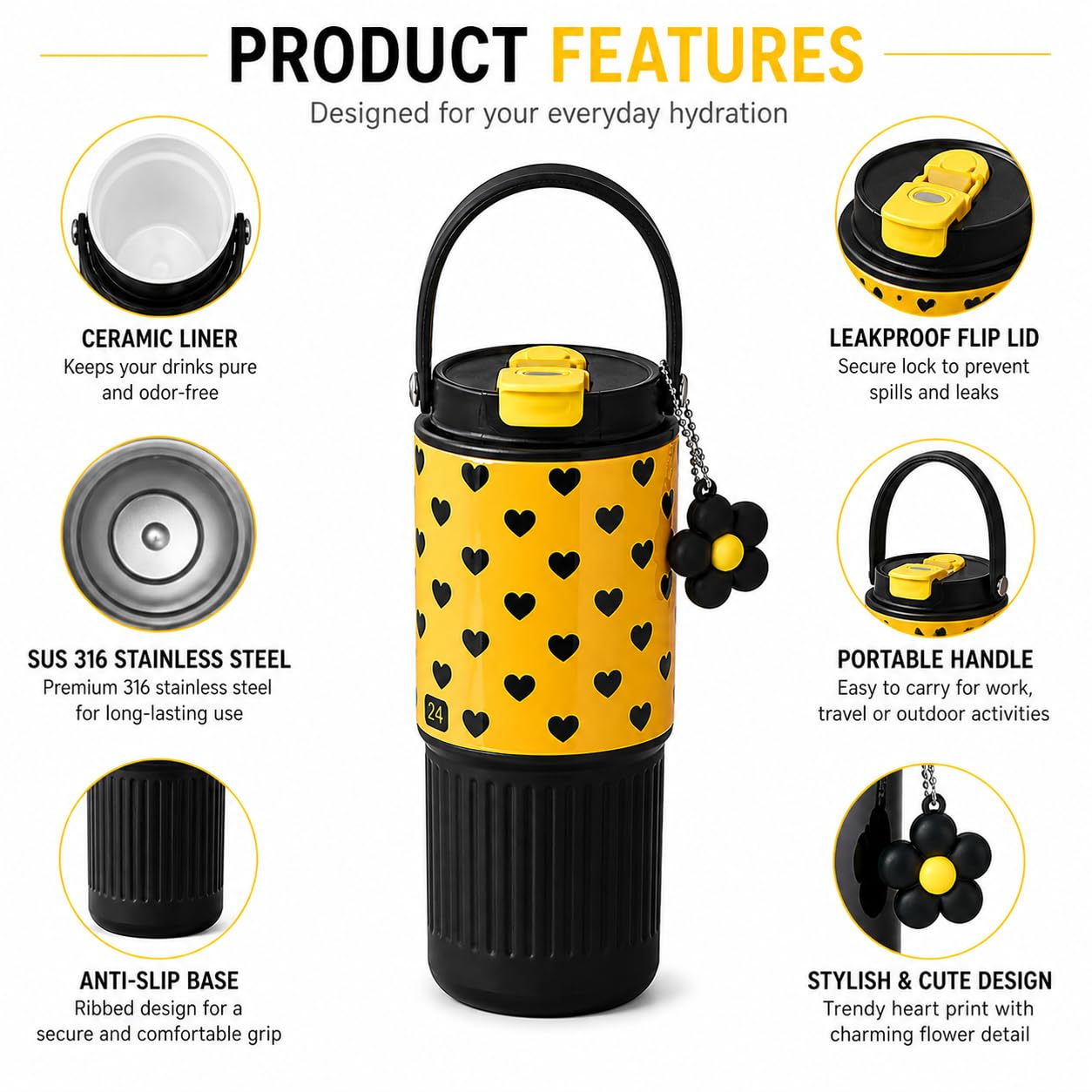 Cute Printed Water Bottle with Straw & Handle