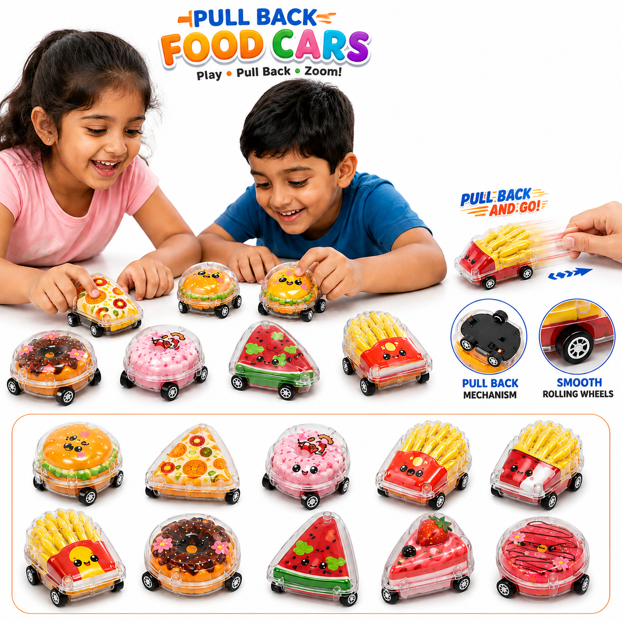 Mini Food Shape Moving Toy Cars for Kids | Random Color & Design | Pack of 10