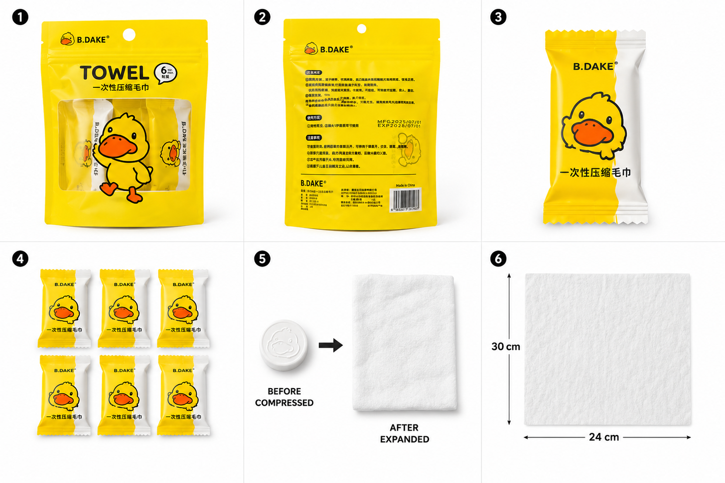 B.DAKE Disposable Compressed Towel – 6 PCS Portable Coin Tissue | Travel, Camping & Facial Cleaning Towels (24 x 30 cm)