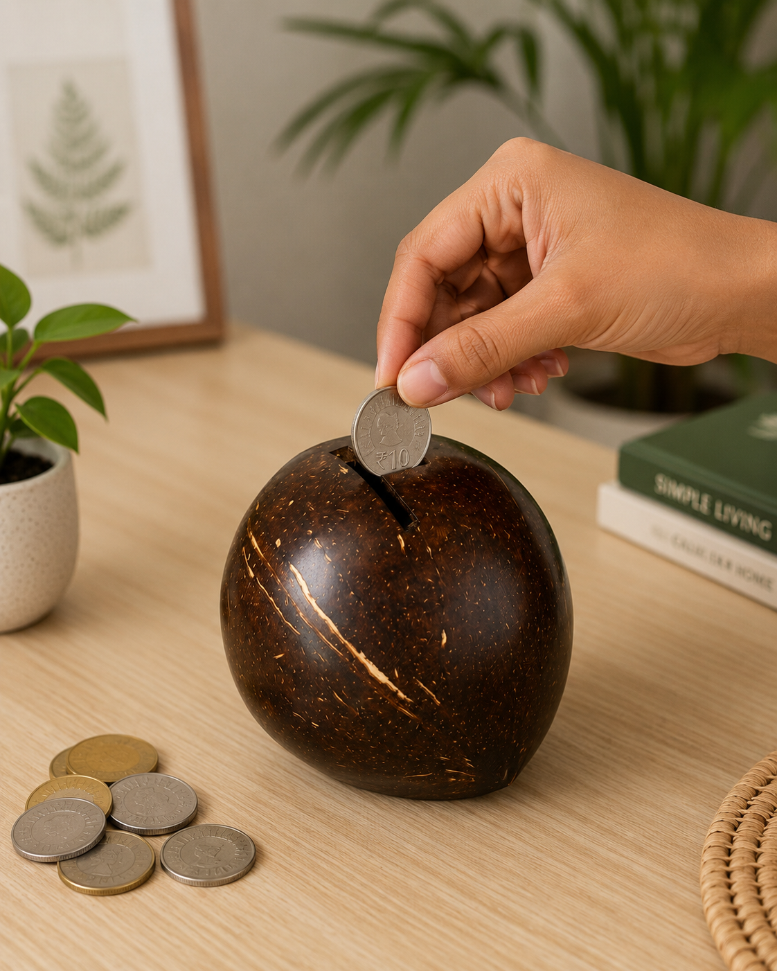 Handcrafted Natural Coconut Shell Piggy Bank (pack of 2)