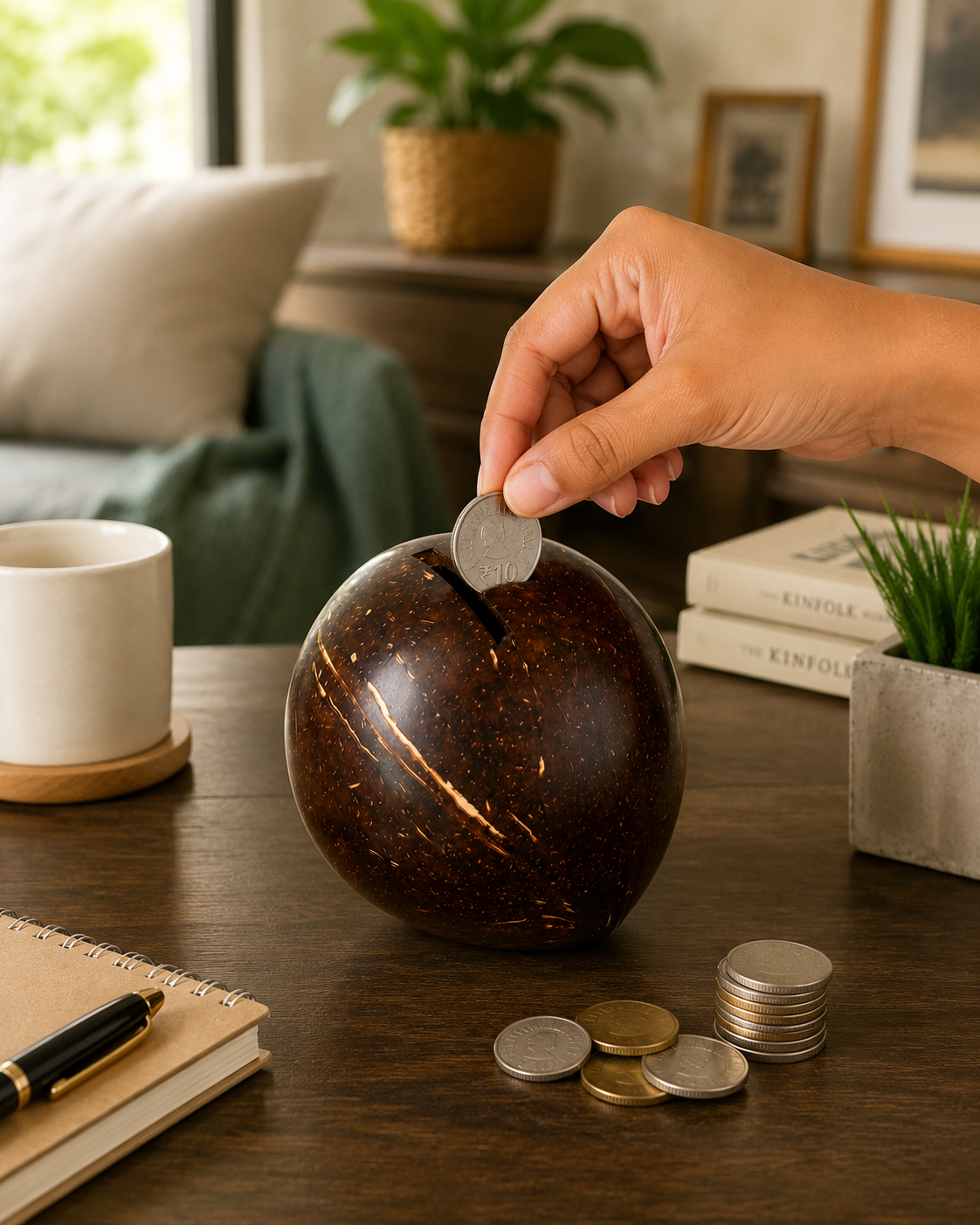Handcrafted Natural Coconut Shell Piggy Bank (pack of 2)