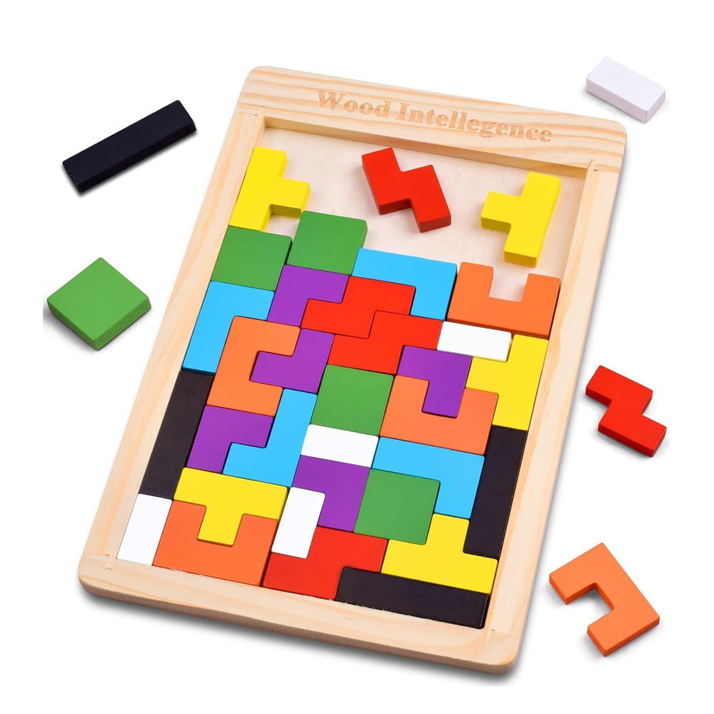 Wooden Tetris Puzzle Brain Teaser Toy Colorful Jigsaw Game