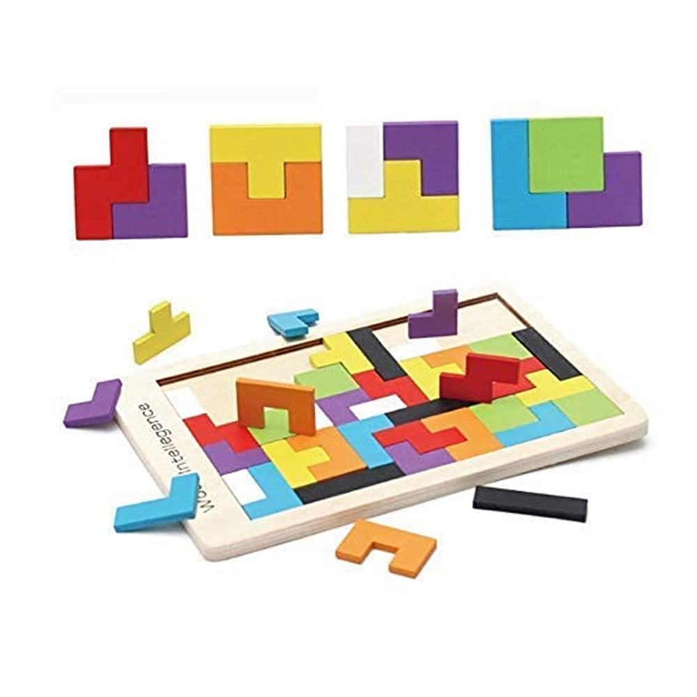 Wooden Tetris Puzzle Brain Teaser Toy Colorful Jigsaw Game