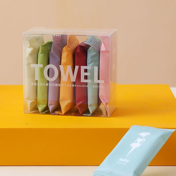 Compressed Towel Expandable Tissue Set (7 Pcs) – Portable Disposable Cotton Towels for Travel, Hiking, Sports & Home Use (Multicolor)