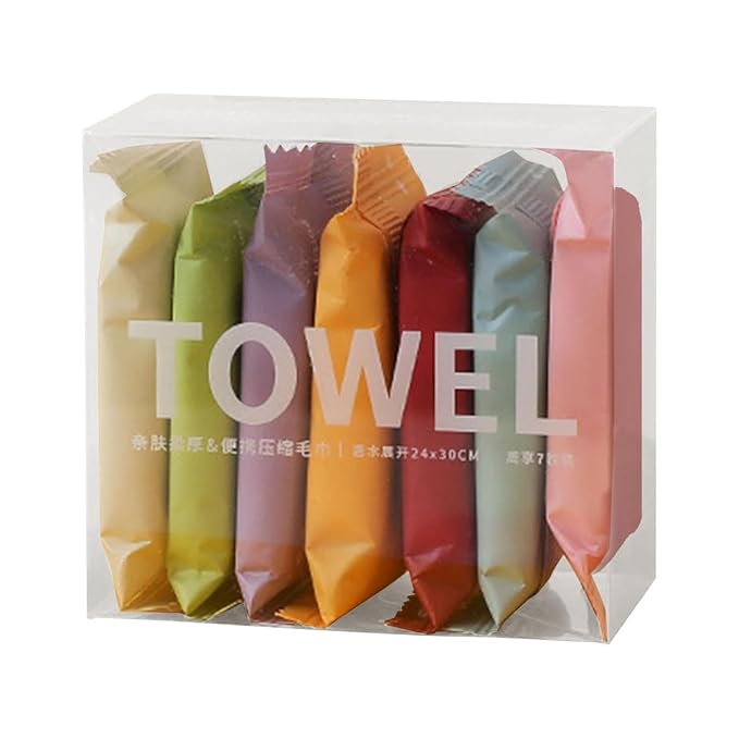 Compressed Towel Expandable Tissue Set (7 Pcs) – Portable Disposable Cotton Towels for Travel, Hiking, Sports & Home Use (Multicolor)