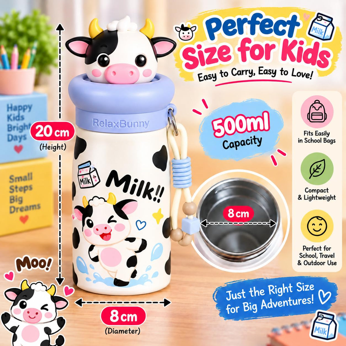 Cute Cartoon Water Bottle for Kids | Attractive Printed Design | Multiple Designs & Colours | Random Colour | Pack of 1