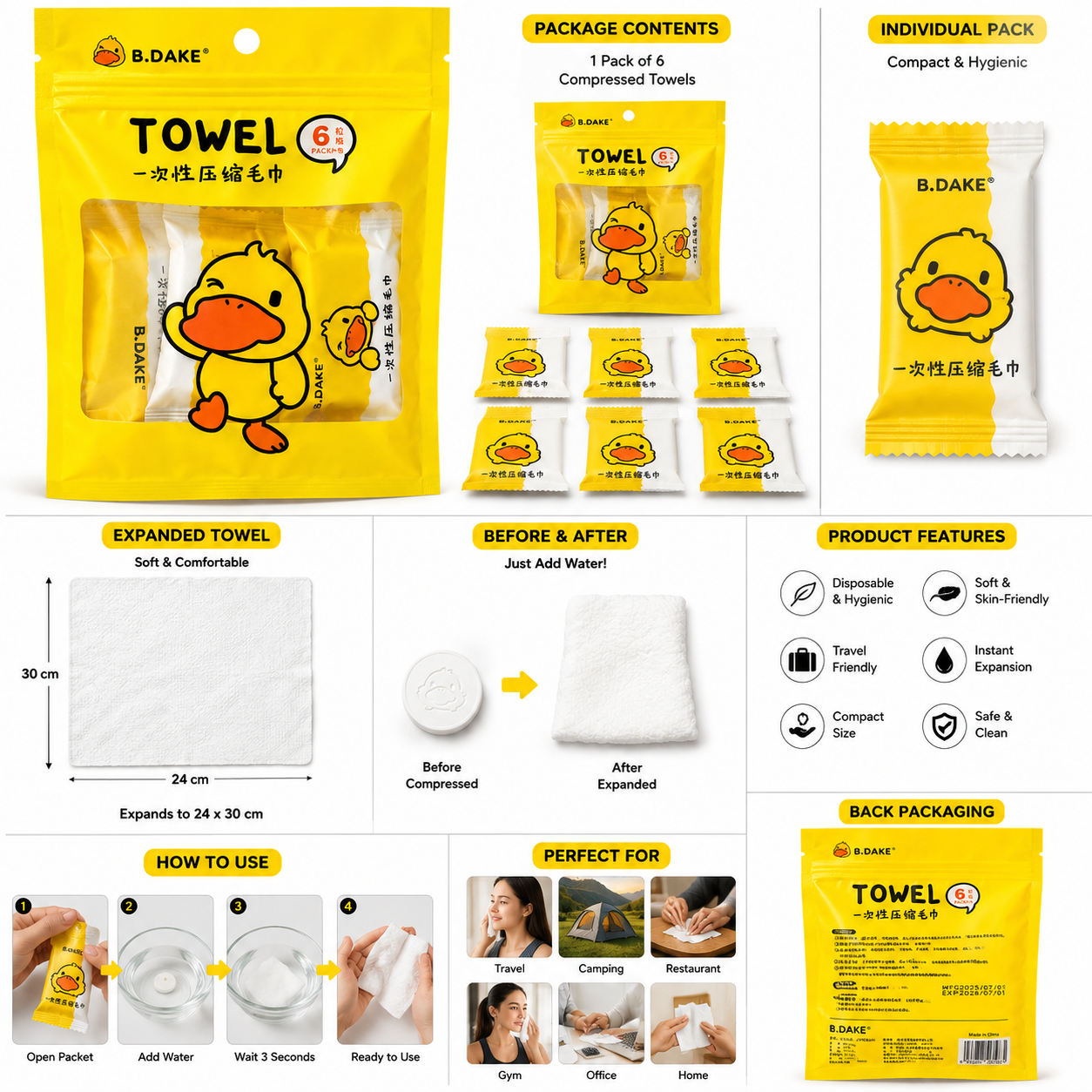 B.DAKE Disposable Compressed Towel – 6 PCS Portable Coin Tissue | Travel, Camping & Facial Cleaning Towels (24 x 30 cm)